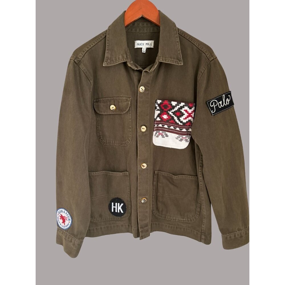 Alex Mill Utility Jacket Garment Dyed Denim Western W/ Patches & Patterned Pocke